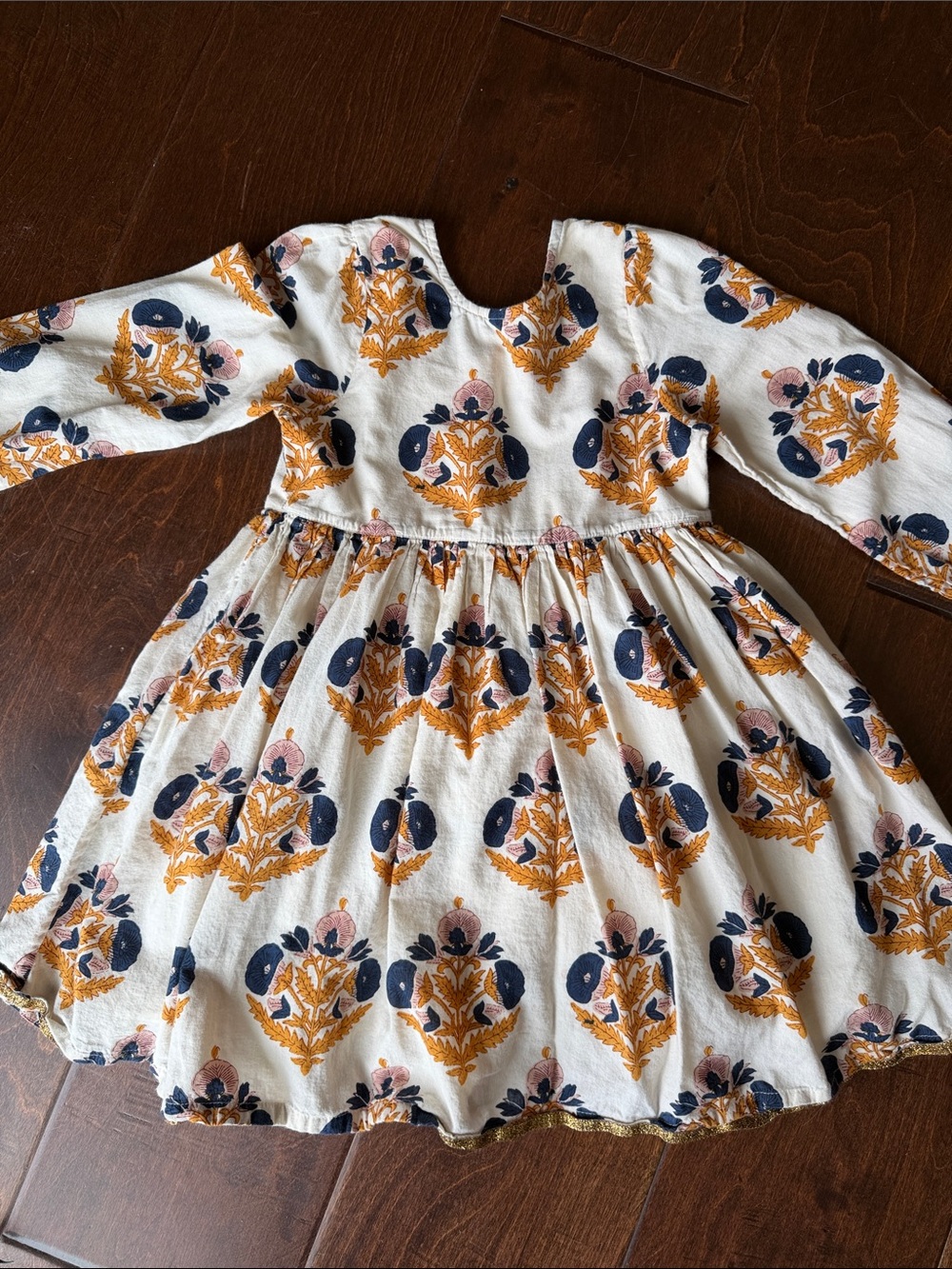 PINK CHICKEN: Cream Floral-Print Long Sleeve Twirl Dress